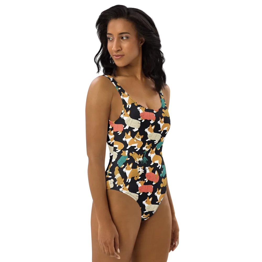 Corgi Cozy on One-Piece Swimsuit — Right