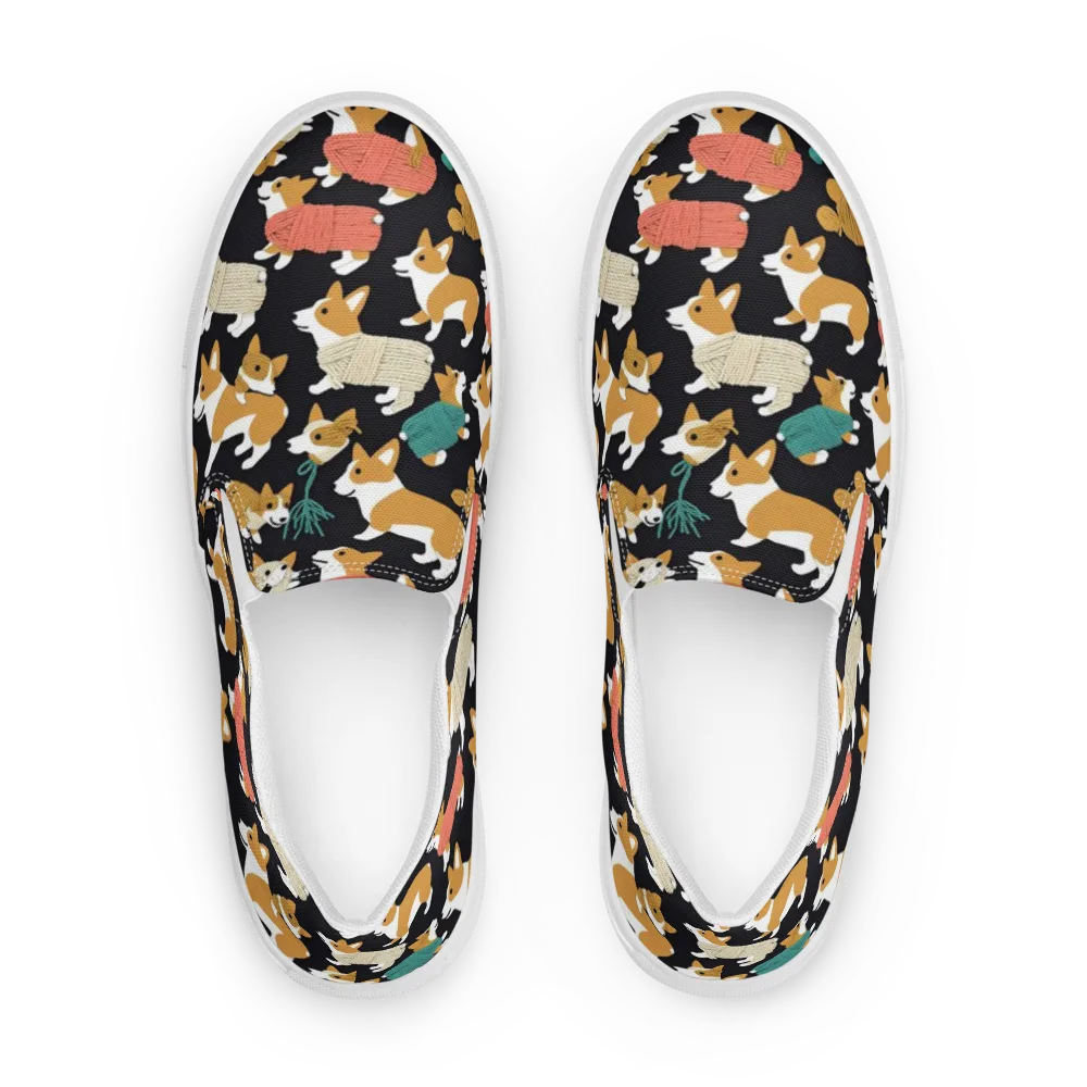 Corgi Cozy on Women's Slip-On Canvas Shoes — Front