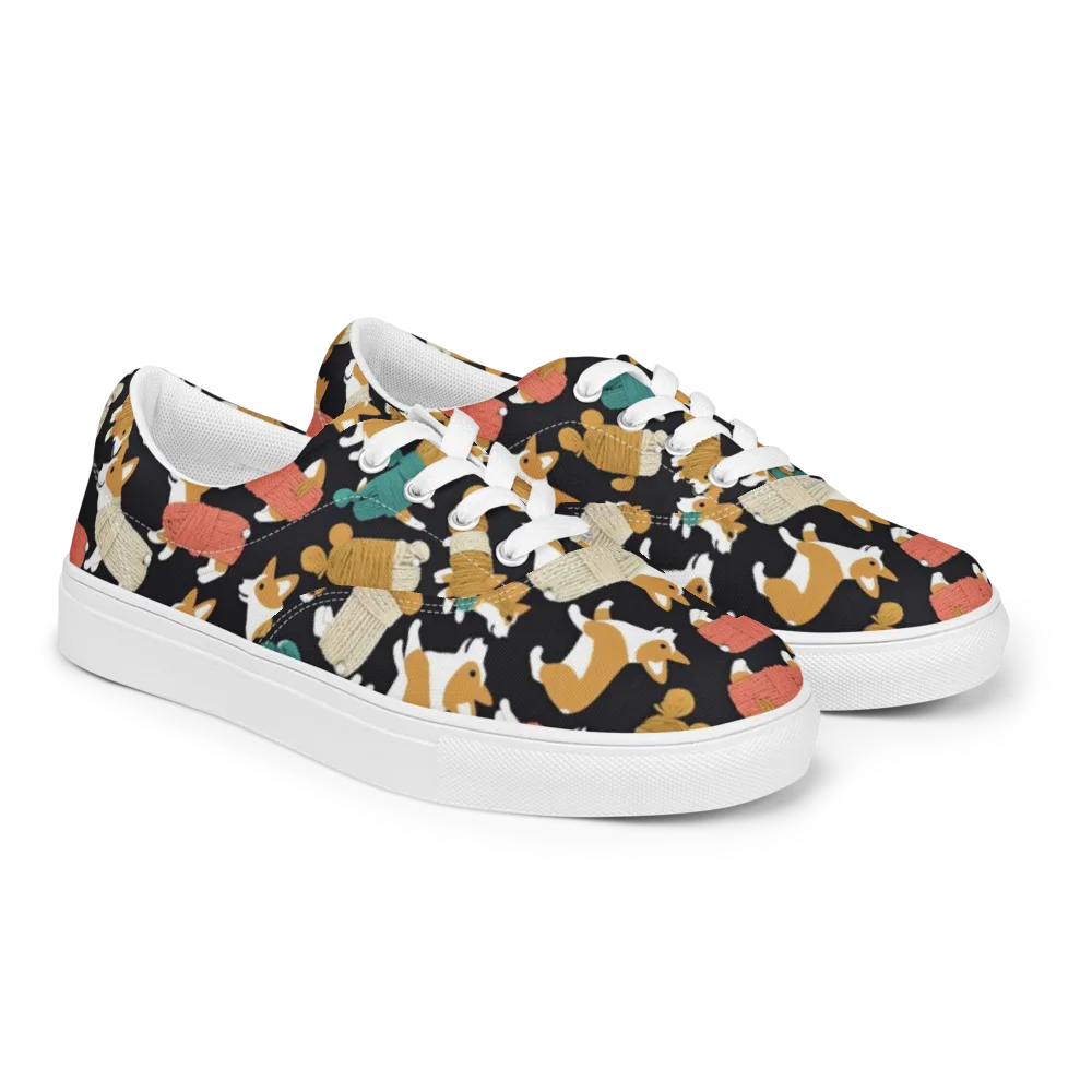 Corgi Cozy on Men's Lace-Up Canvas Shoes — Right Front