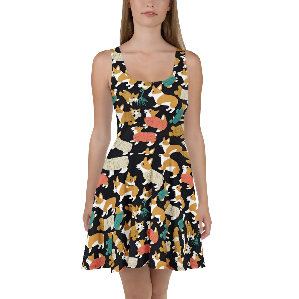 Corgi Cozy on Skater Dress — Front