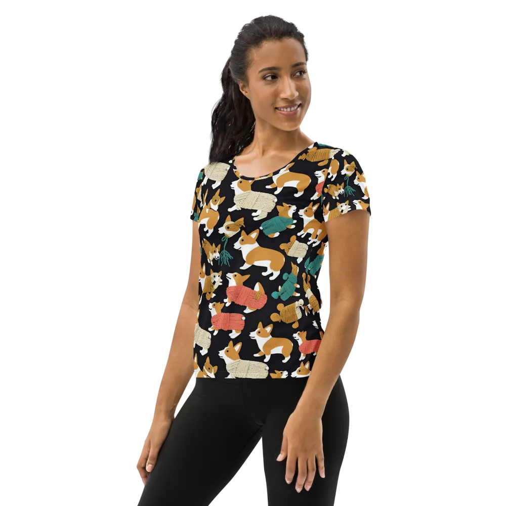 Corgi Cozy on Women's Athletic T-Shirt — Left
