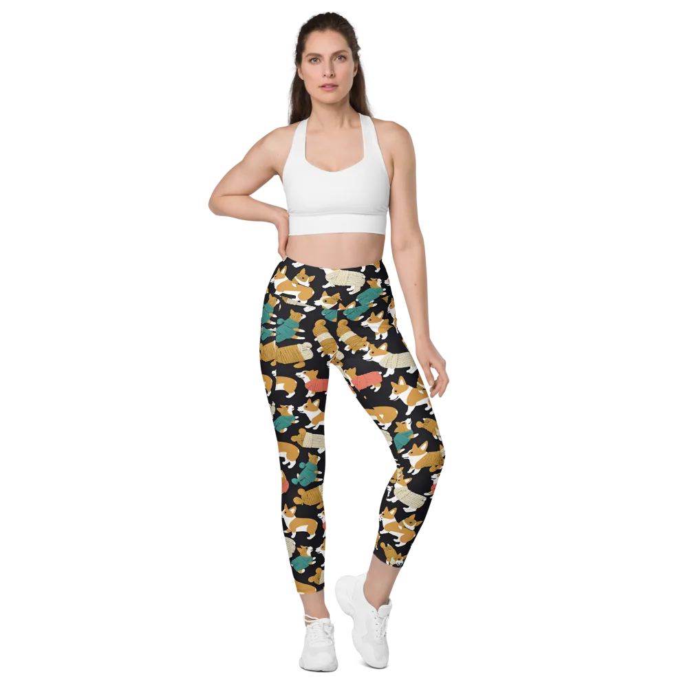 Corgi Cozy on Leggings with Pockets — Front