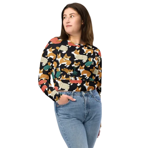 Corgi Cozy on a Long Sleeve Crop Top