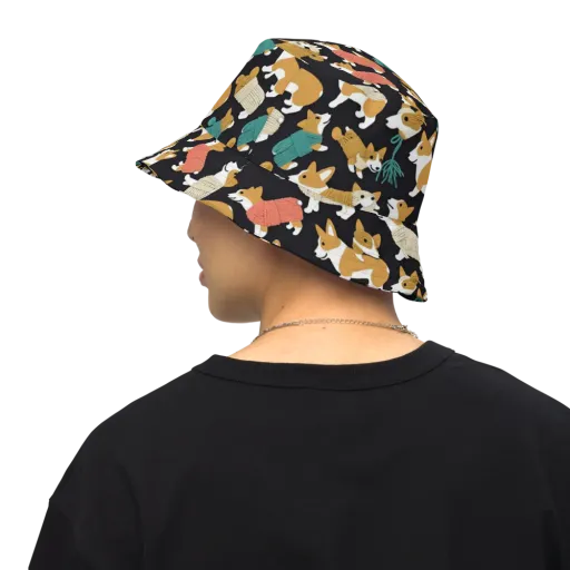 Corgi Cozy on a Reversible Bucket Hat