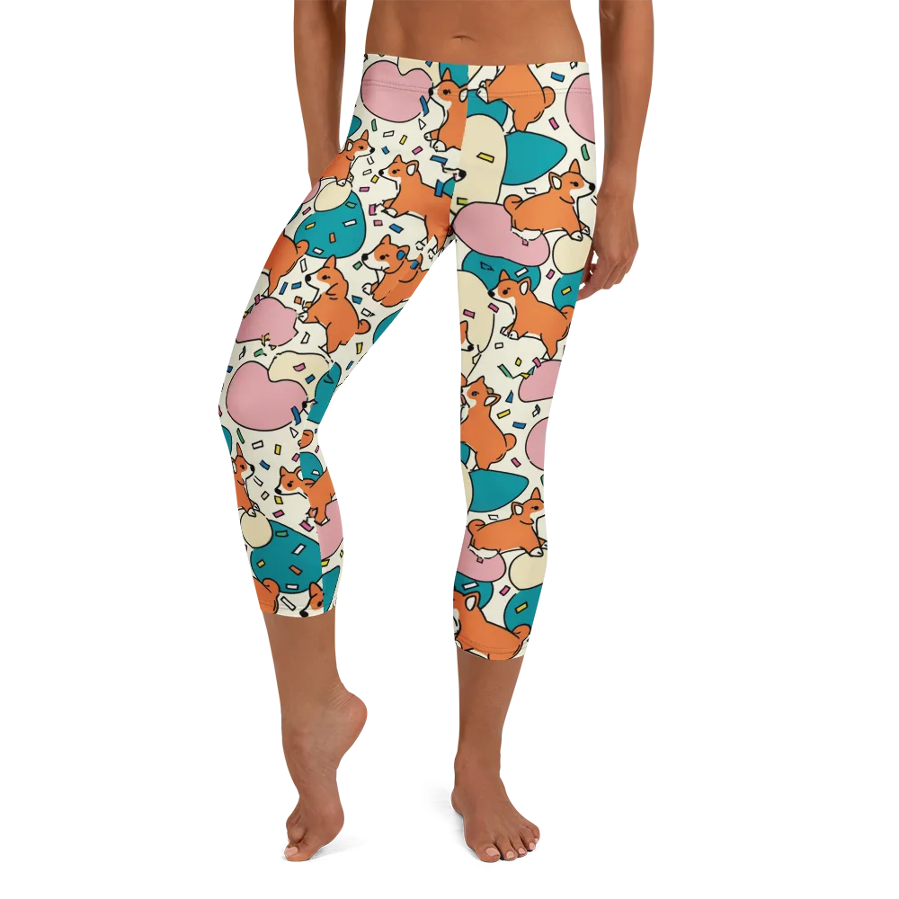 Coral Corgi Carnival on Capri Leggings — Front