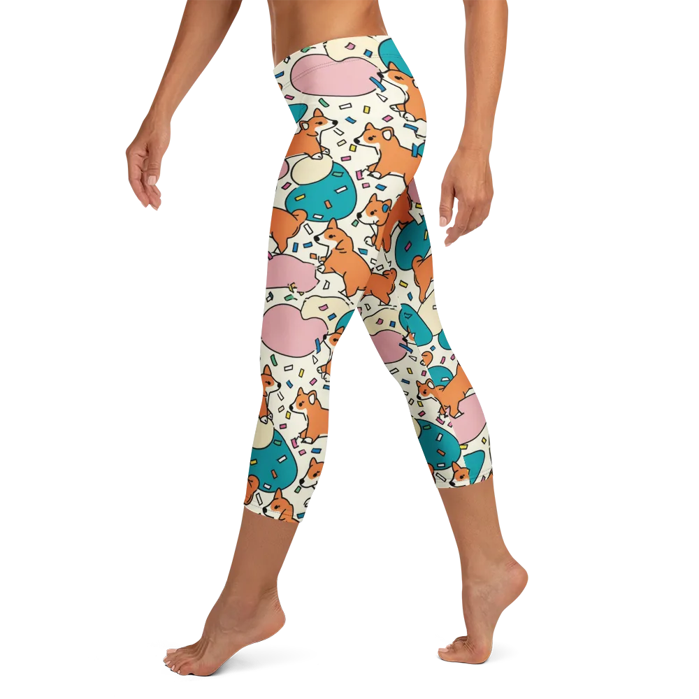 Coral Corgi Carnival on Capri Leggings — Left