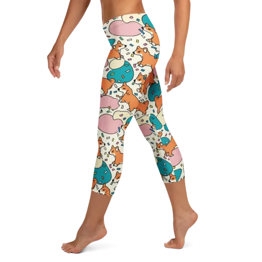 Coral Corgi Carnival on a Capri Leggings