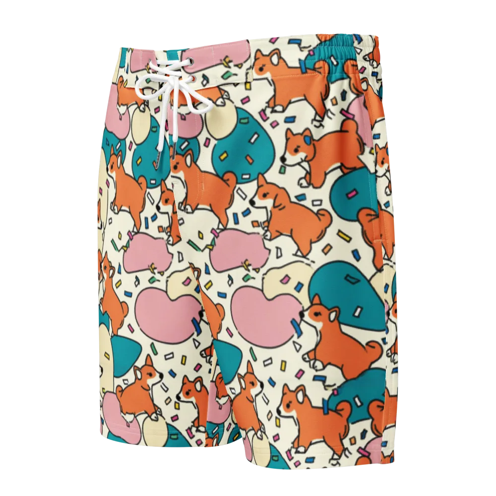 Coral Corgi Carnival on Men's Board Shorts — Front
