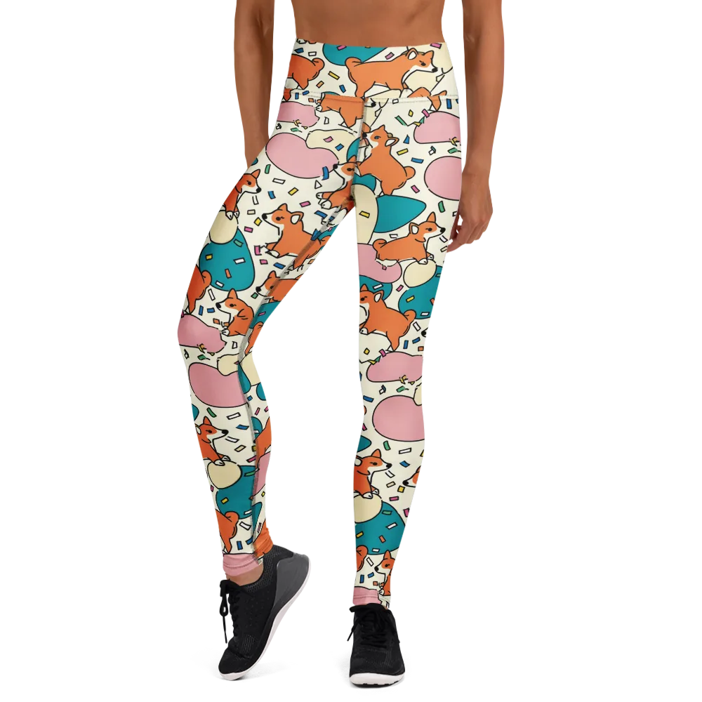 Coral Corgi Carnival on Yoga Leggings — Front