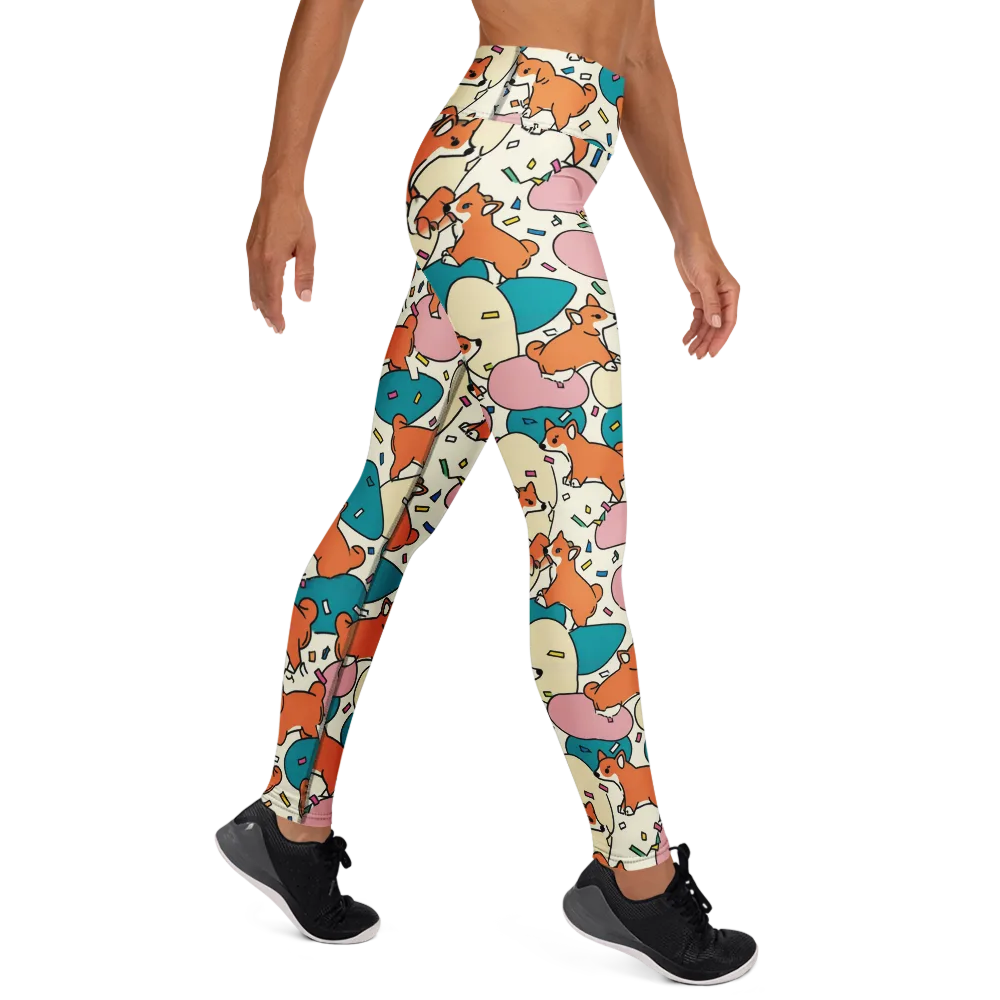 Coral Corgi Carnival on Yoga Leggings — Right