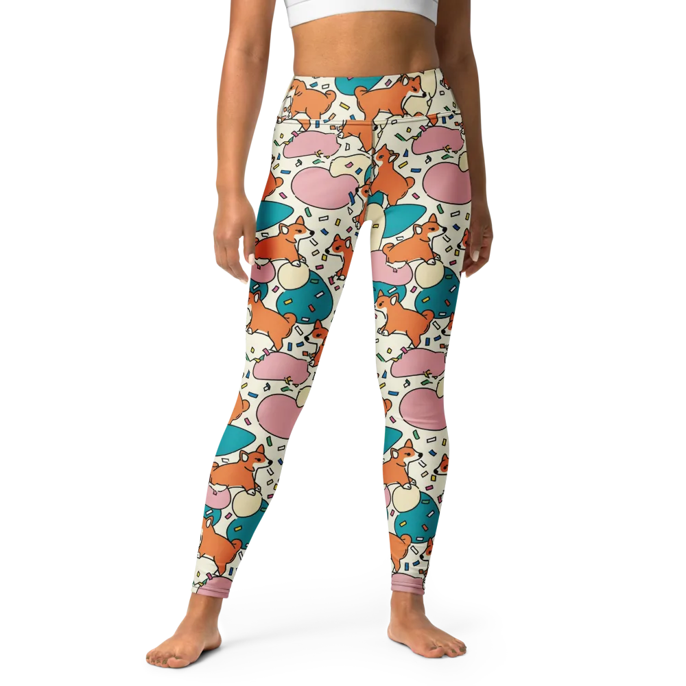 Coral Corgi Carnival on Yoga Leggings — Front