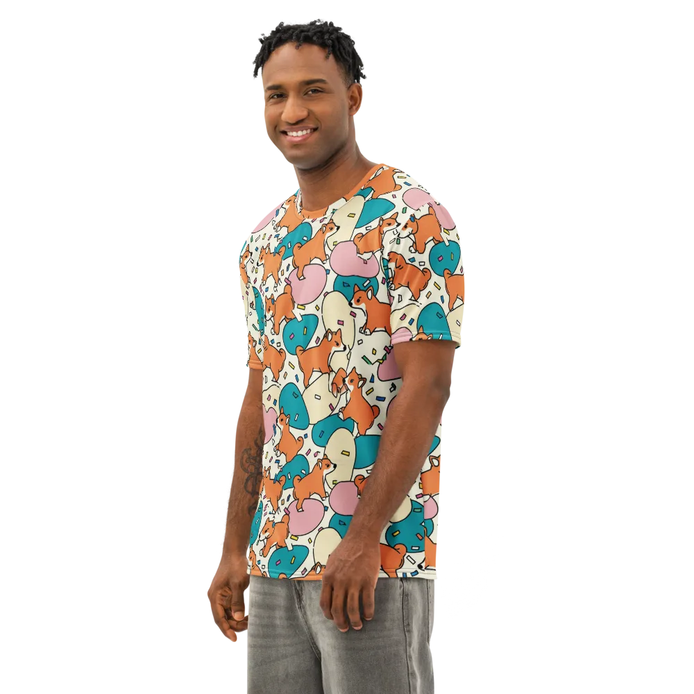 Coral Corgi Carnival on Men's Cotton Crew Neck T-Shirt — Left Front