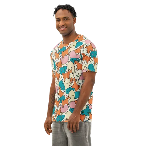 Coral Corgi Carnival on a Men's Cotton Crew Neck T-Shirt
