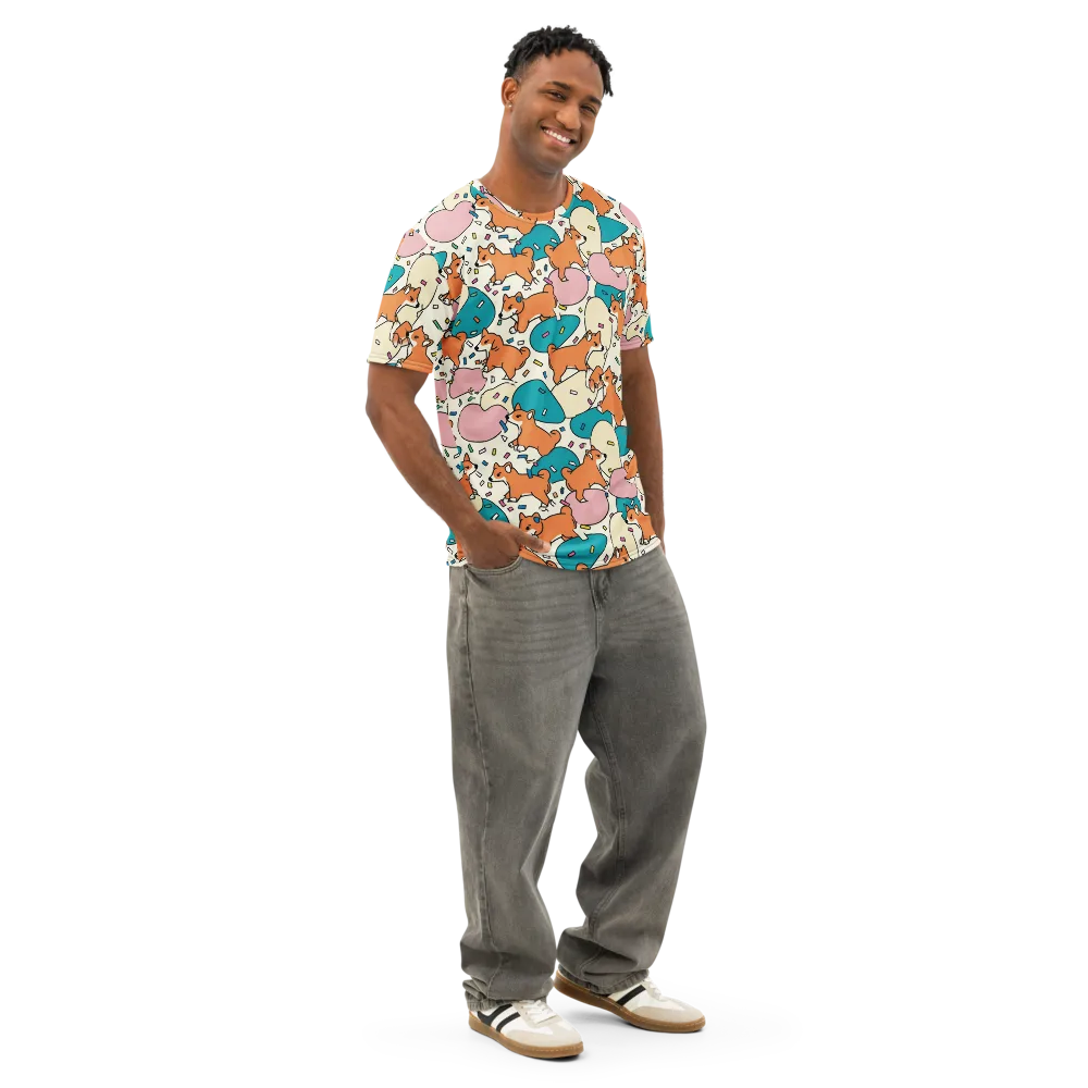 Coral Corgi Carnival on Men's Cotton Crew Neck T-Shirt — Right Front