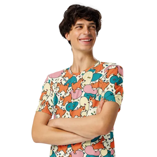 Coral Corgi Carnival on a Men's Crew Neck T-Shirt
