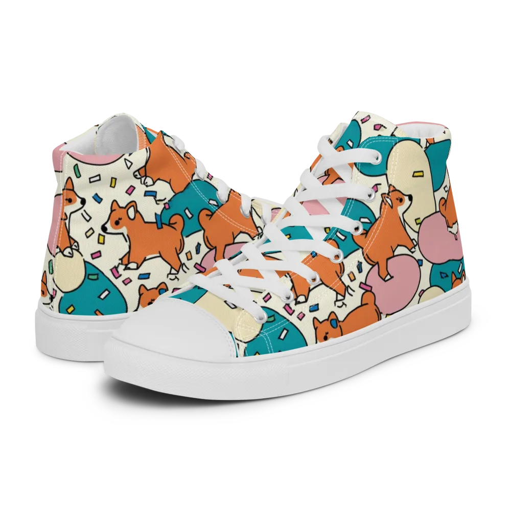 Coral Corgi Carnival on Men's High Top Canvas Shoes — Left