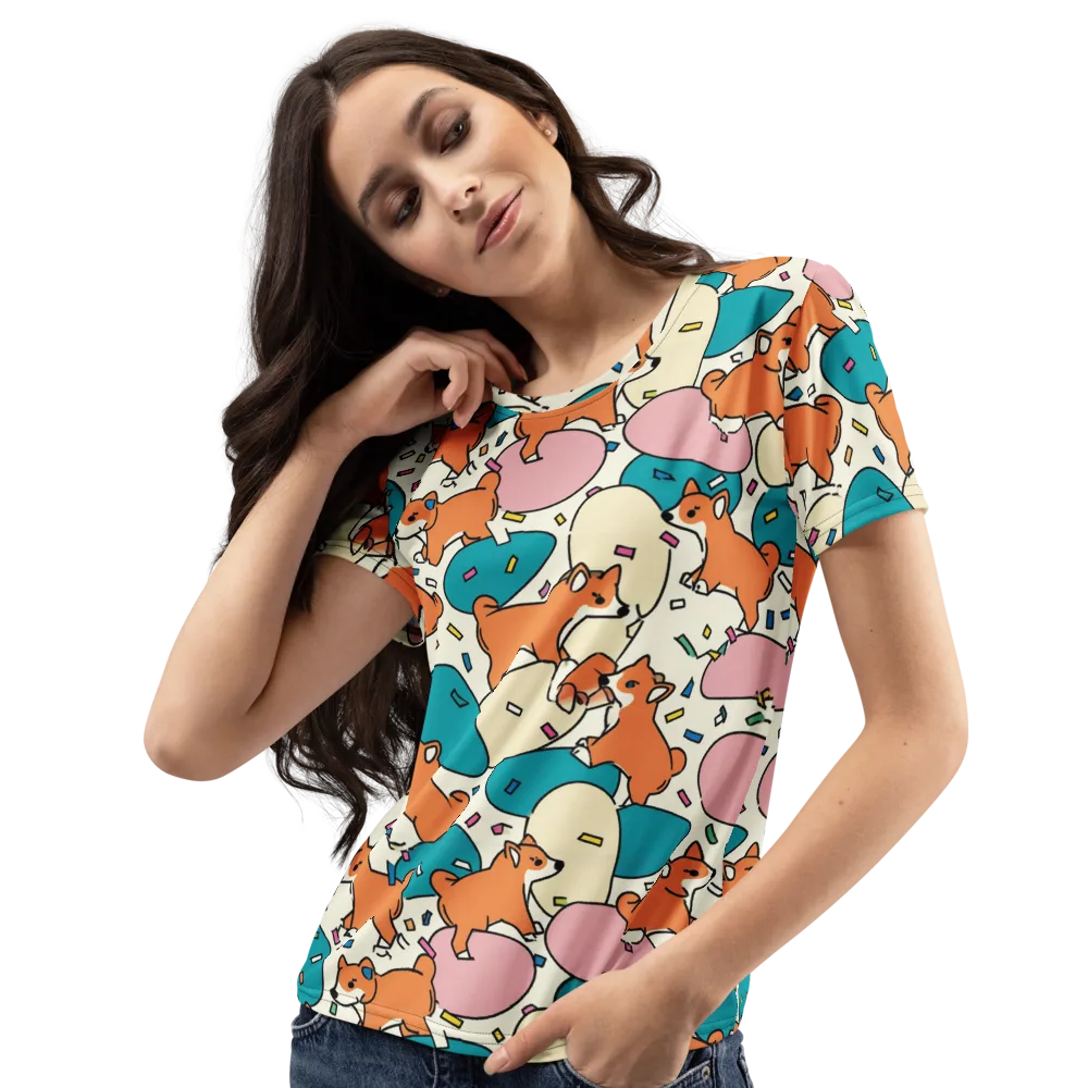 Coral Corgi Carnival on Women's Crew Neck T-Shirt — Left Front