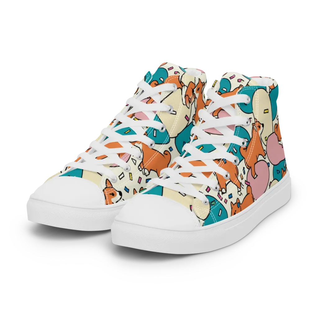 Coral Corgi Carnival on Women's High Top Canvas Shoes — Left Front