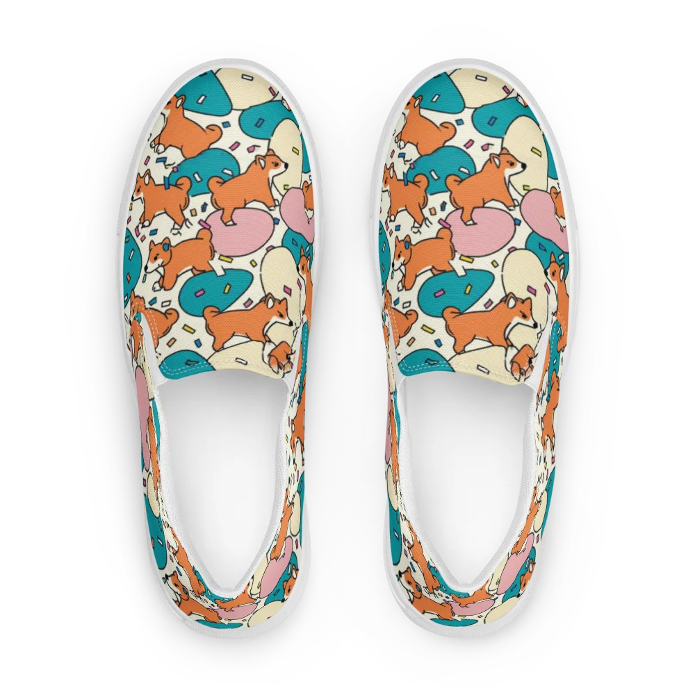Coral Corgi Carnival on Men's Slip-On Canvas Shoes — Front