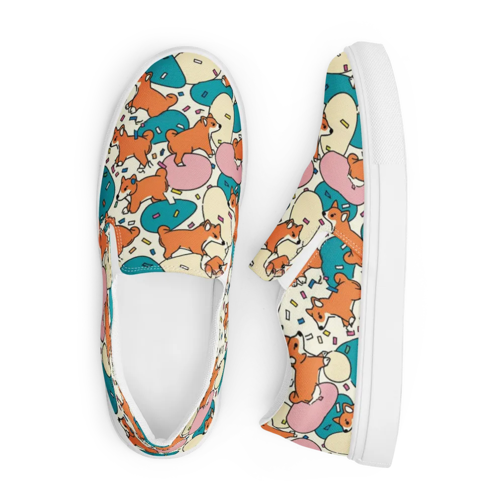 Coral Corgi Carnival on Men's Slip-On Canvas Shoes — Front