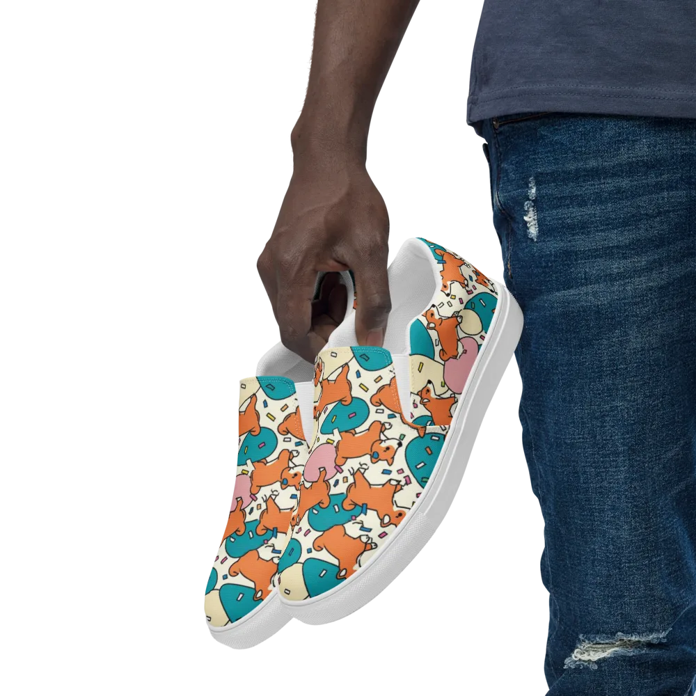Coral Corgi Carnival on Men's Slip-On Canvas Shoes — Left Front