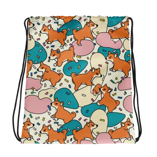 Coral Corgi Carnival on a Drawstring Bag