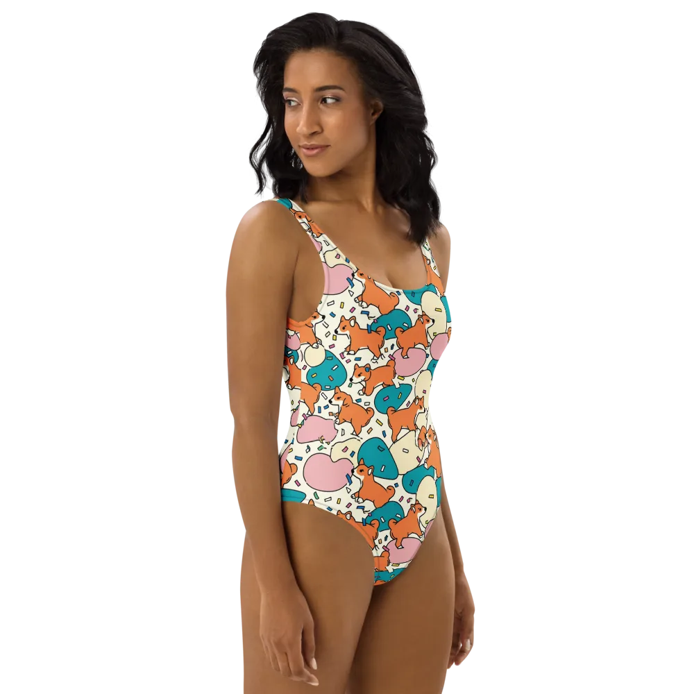 Coral Corgi Carnival on One-Piece Swimsuit — Right