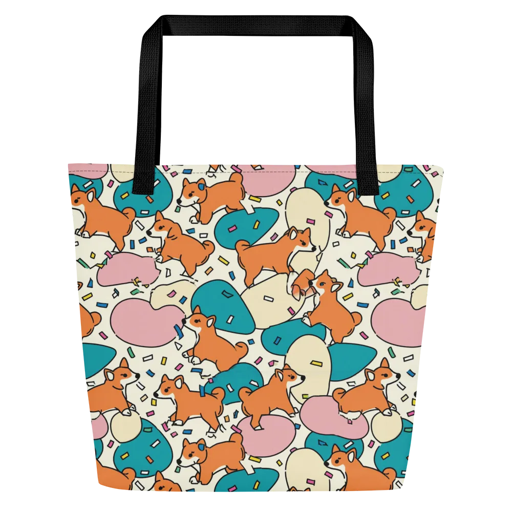 Coral Corgi Carnival on Large Tote Bag W/ Pocket — Front