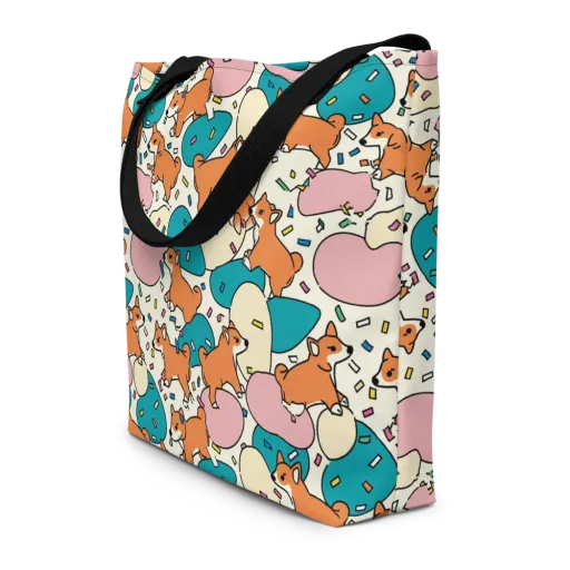 Coral Corgi Carnival on a Large Tote Bag W/ Pocket