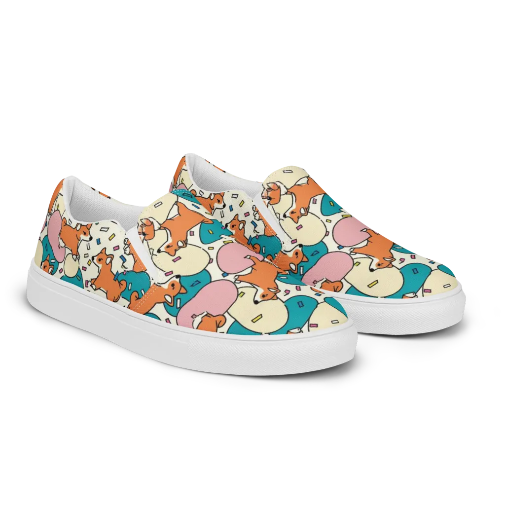 Coral Corgi Carnival on Women's Slip-On Canvas Shoes — Right Front
