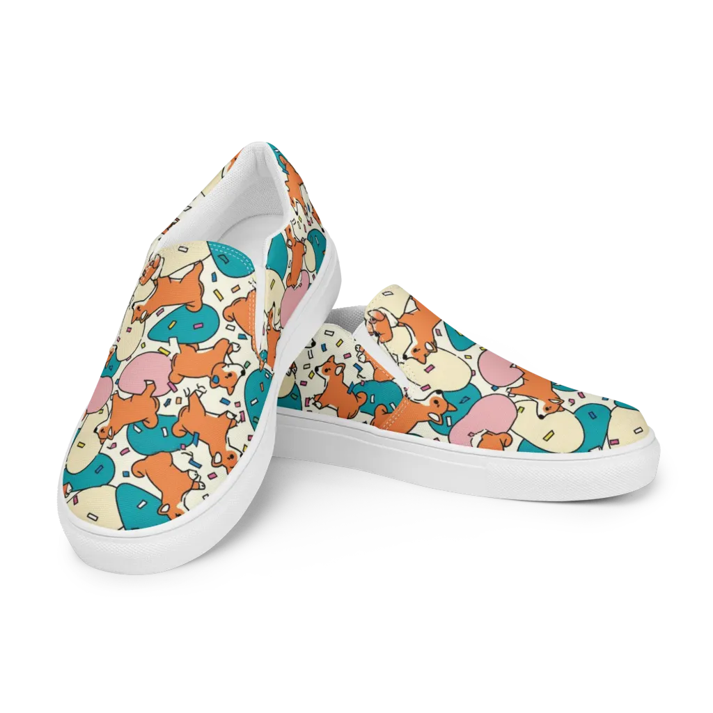 Coral Corgi Carnival on Women's Slip-On Canvas Shoes — Left Front