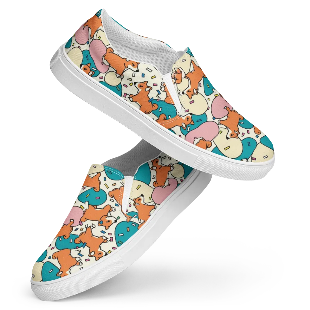 Coral Corgi Carnival on Women's Slip-On Canvas Shoes — Front