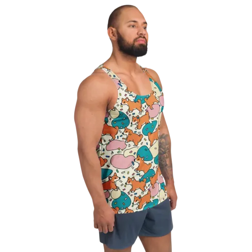 Coral Corgi Carnival on a Men's Tank Top