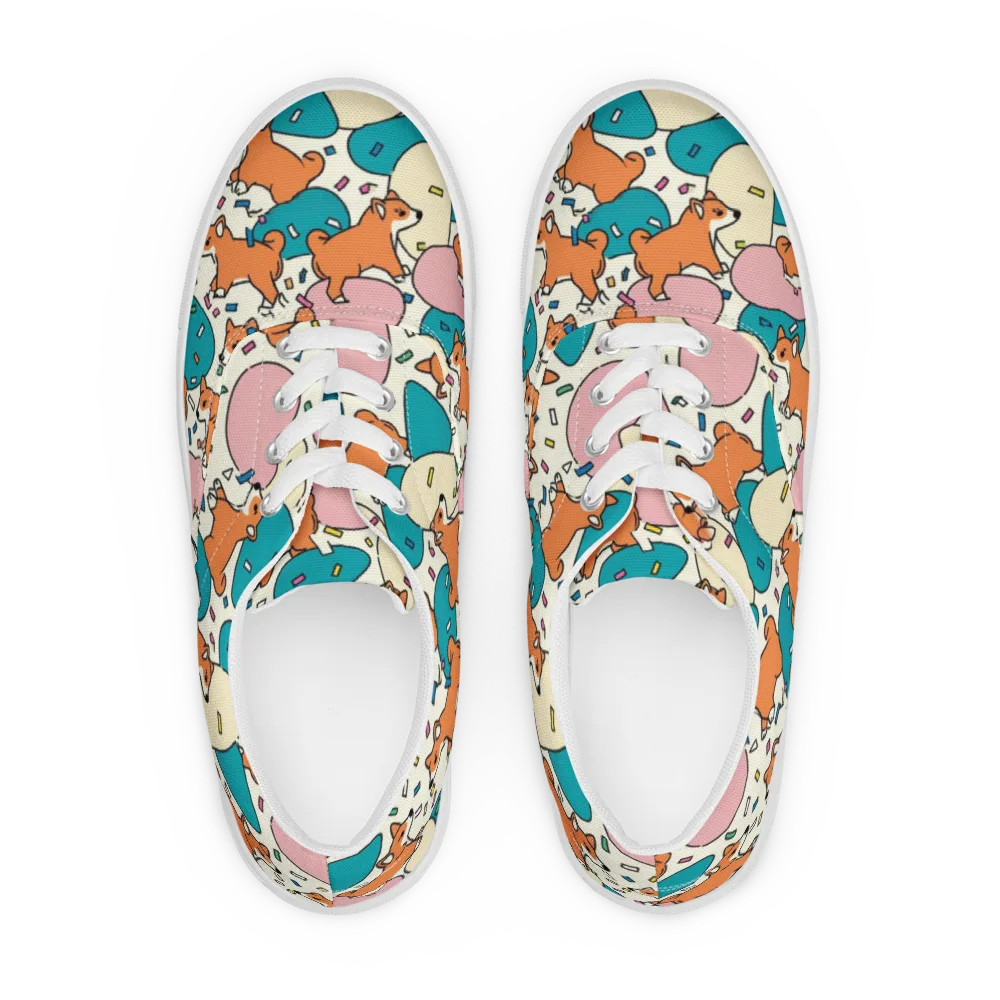 Coral Corgi Carnival on Men's Lace-Up Canvas Shoes — Front