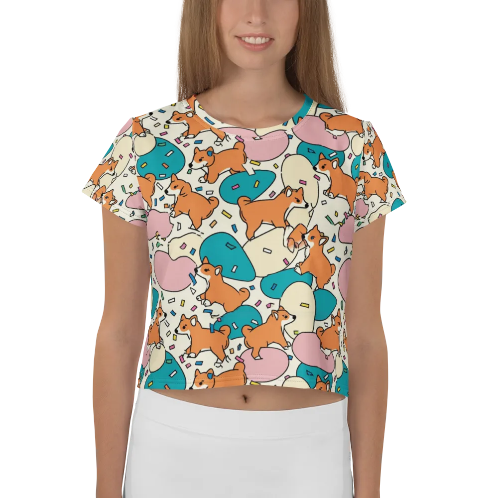 Coral Corgi Carnival on Crop Tee — Front