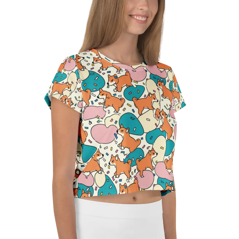 Coral Corgi Carnival on Crop Tee — Right