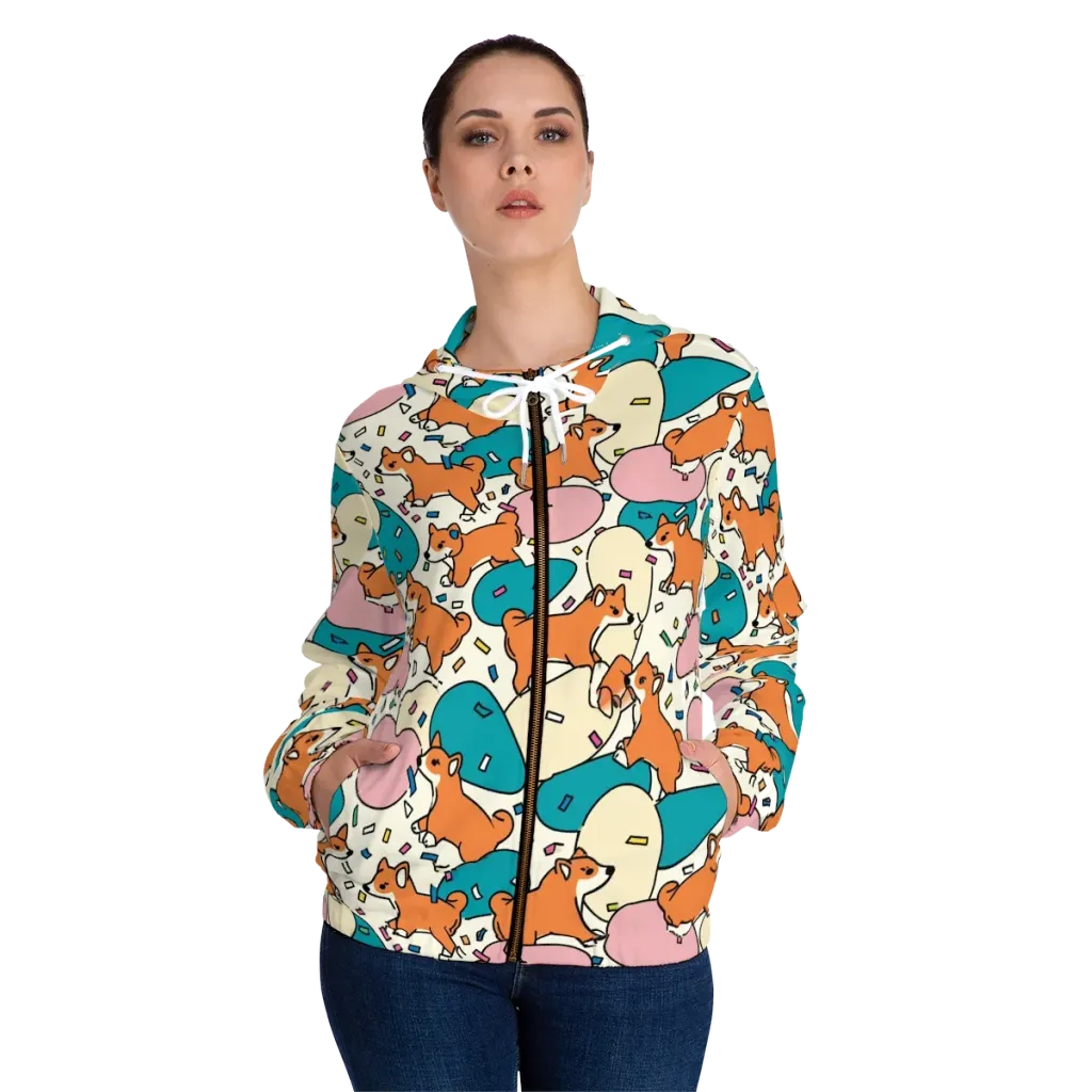 Coral Corgi Carnival on Women's Full-Zip Hoodie — Front On Person