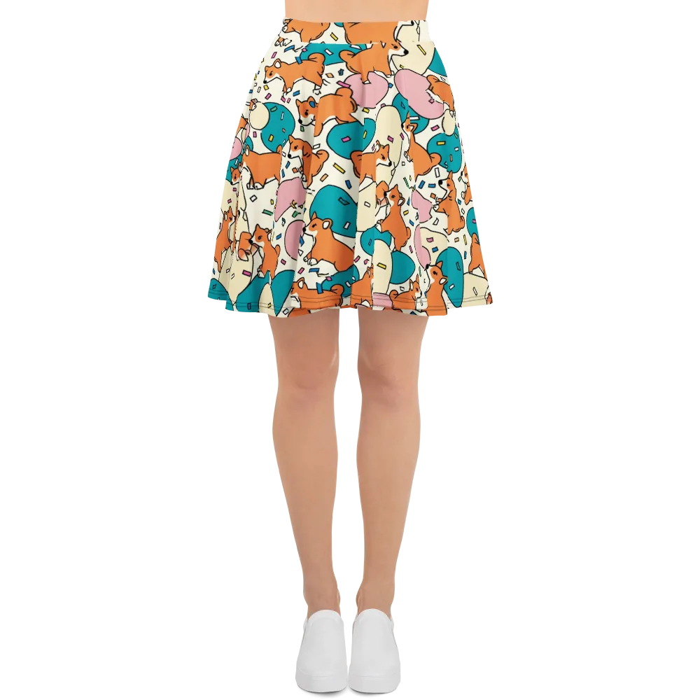 Coral Corgi Carnival on Skater Skirt — Front