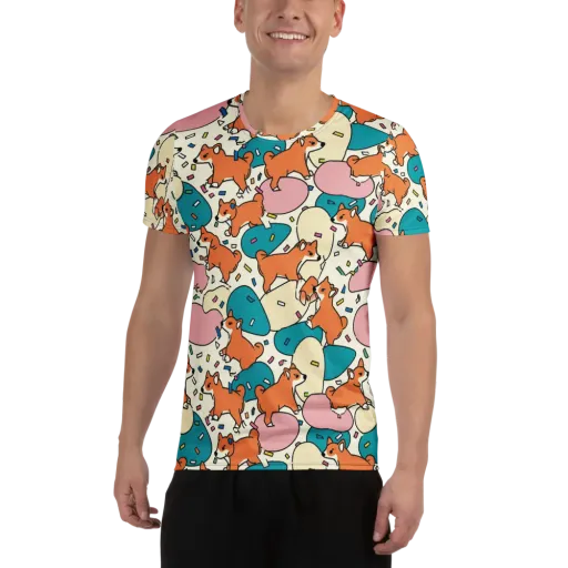 Coral Corgi Carnival on a Men's Athletic T-Shirt