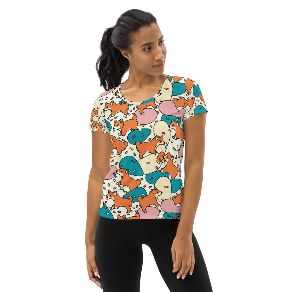Coral Corgi Carnival on Women's Athletic T-Shirt — Front