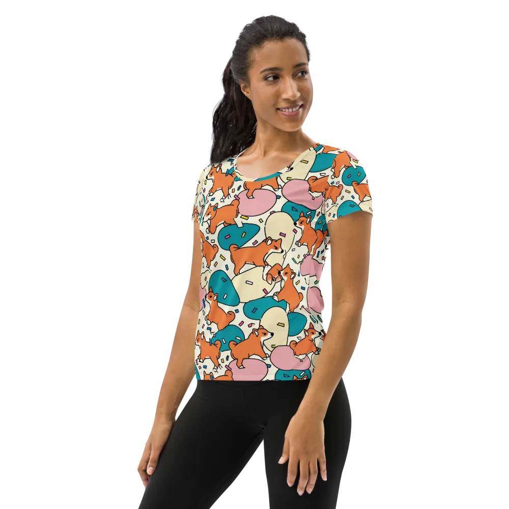Coral Corgi Carnival on Women's Athletic T-Shirt — Left
