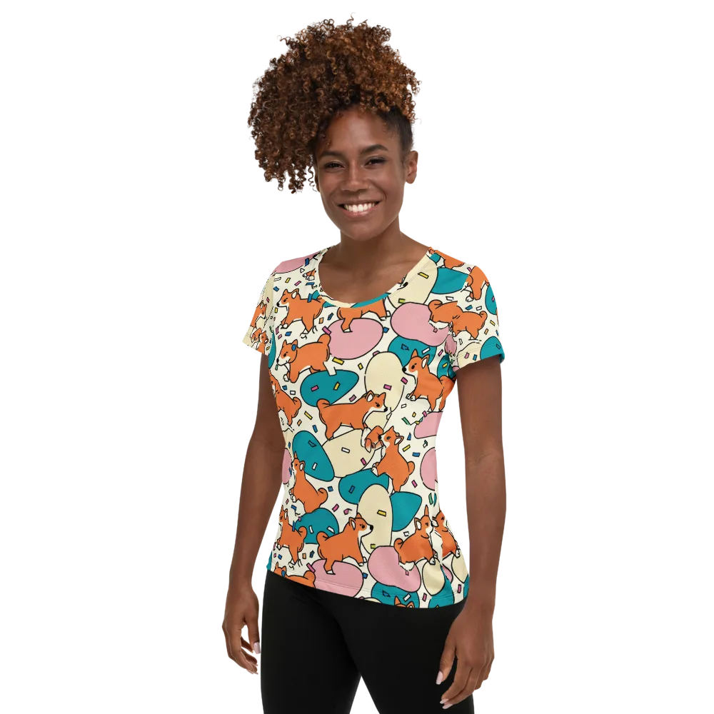 Coral Corgi Carnival on Women's Athletic T-Shirt — Left