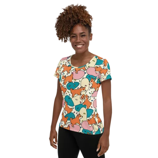 Coral Corgi Carnival on a Women's Athletic T-Shirt
