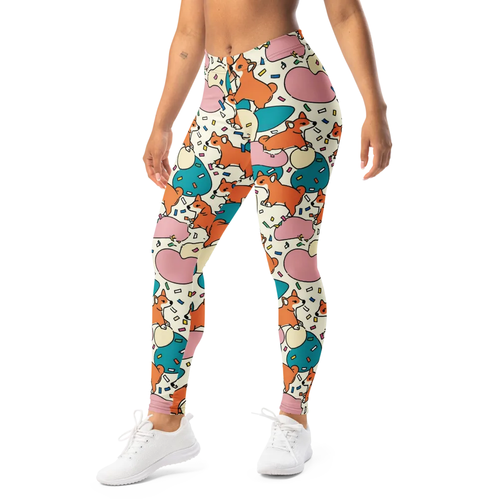 Coral Corgi Carnival on Leggings — Left Front