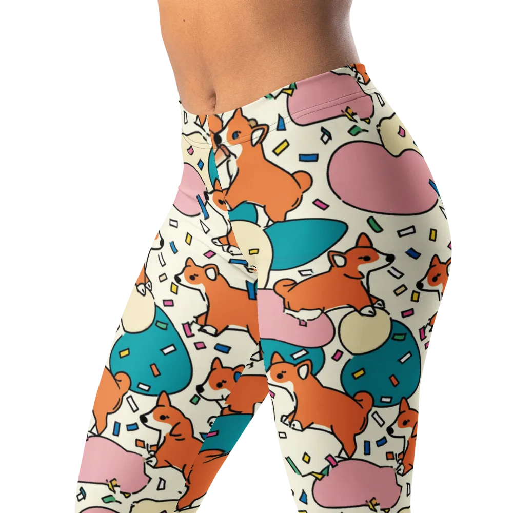 Coral Corgi Carnival on Leggings — Left Front