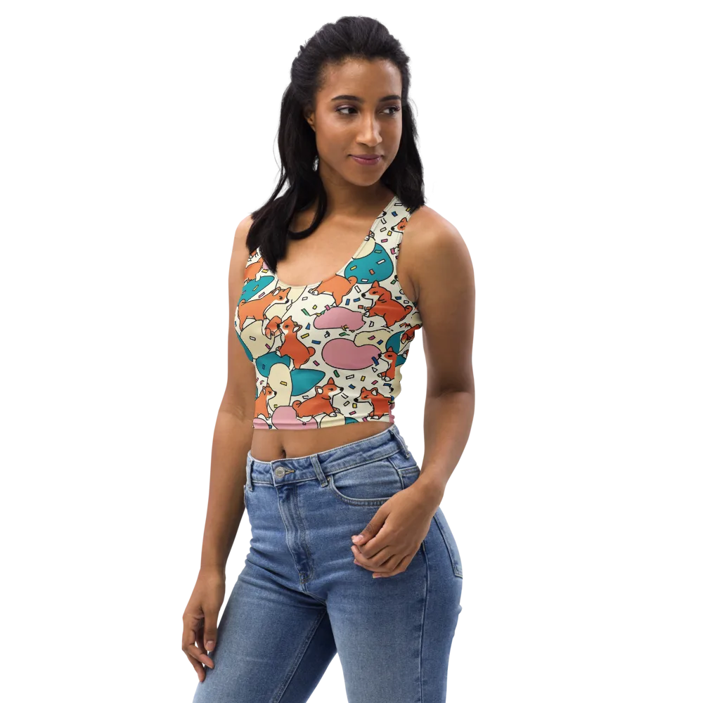 Coral Corgi Carnival on Crop Top — Left Front