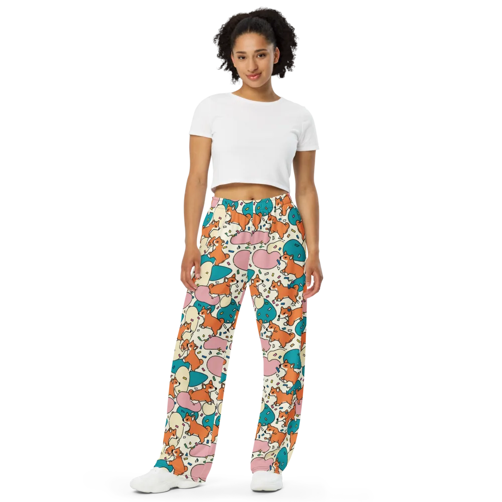 Coral Corgi Carnival on Wide-Leg Pants — Front
