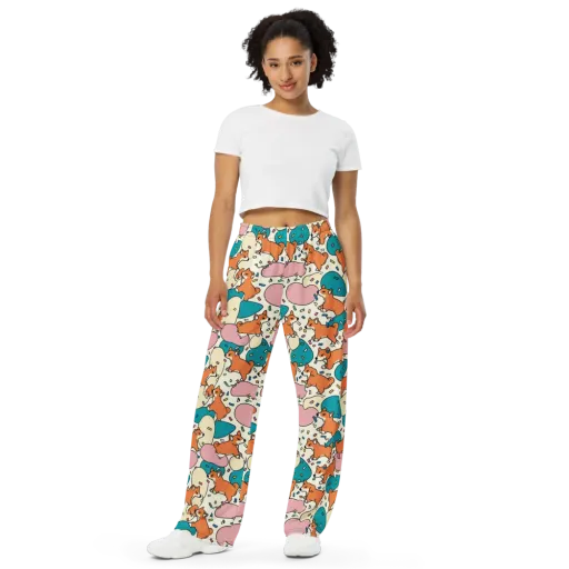 Coral Corgi Carnival on a Wide-Leg Pants