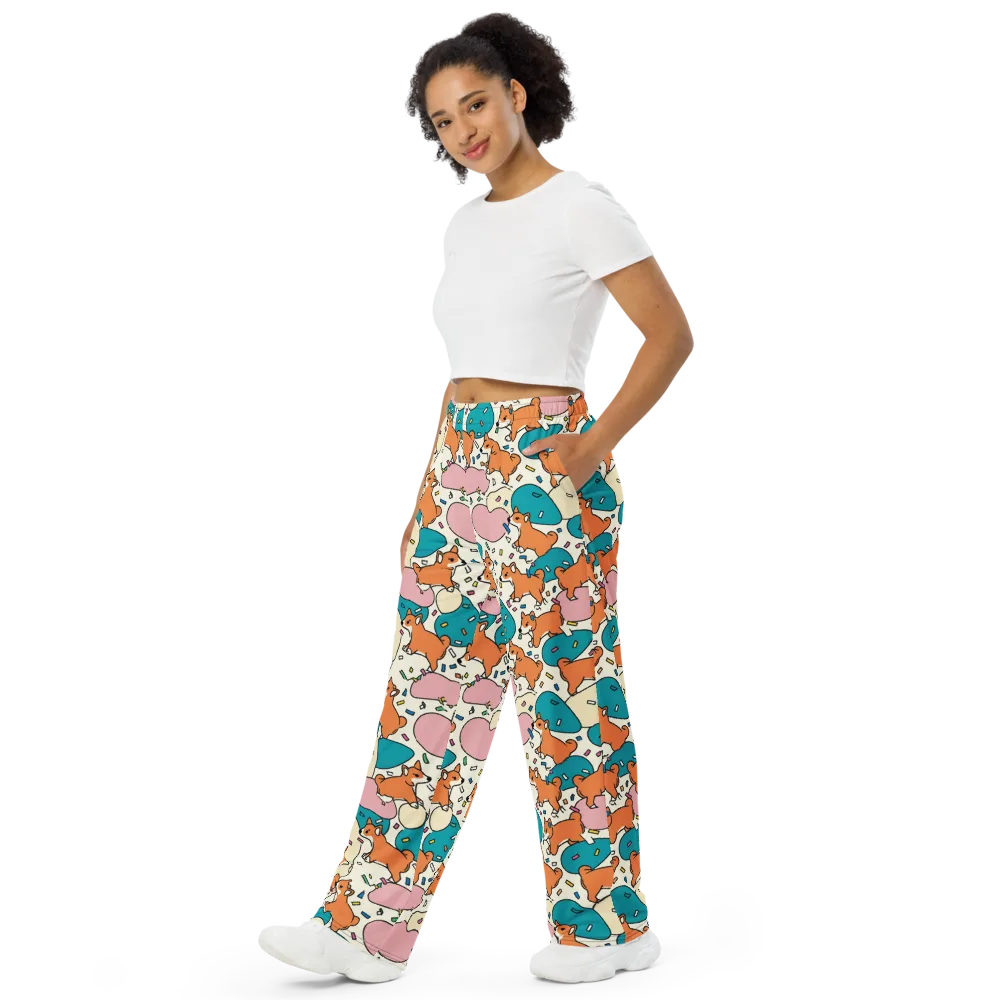 Coral Corgi Carnival on Wide-Leg Pants — Left Front