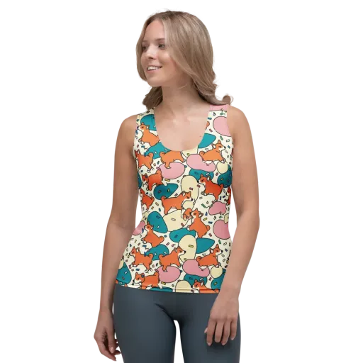 Coral Corgi Carnival on a Women's Tank Top